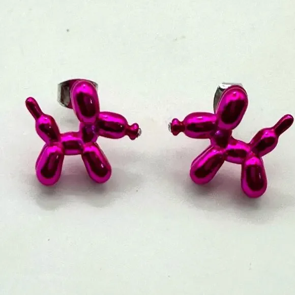 Metallic Hot Pink Balloon Animal Dog Earrings Pierced Modern Contemporary - Picture 1 of 5